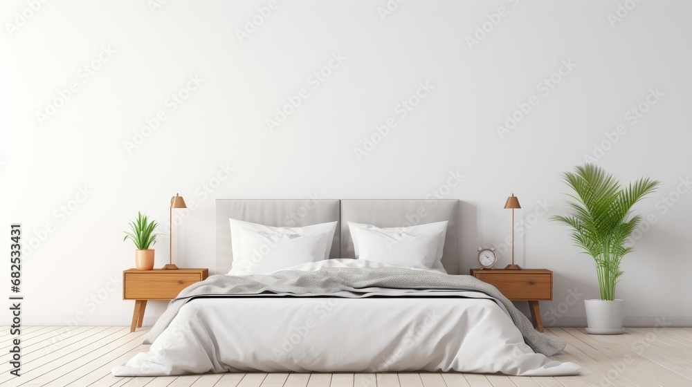 Bright airy empty bedroom with white walls for bedding product mockup AI generated illustration Bright airy empty bedroom with white walls for bedding product mockup AI generated illustration