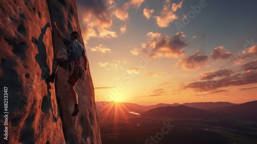Against the canvas of a breathtaking sunset, a man scales a cliff.