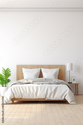 Bright airy empty bedroom with white walls for bedding product mockup AI generated illustration