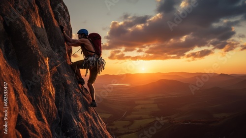 Against a backdrop of a picturesque sunset, a man conquers the heights of a cliff.