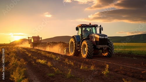 Tractor with a seeder in the field at sunset. The tractor is preparing the land for sowing.