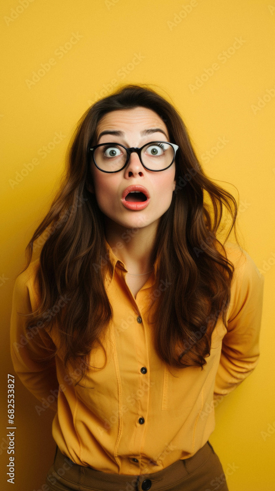 Portrait of young beautiful woman looking at camera. studio shot over yellow background. female model with eyeglasses. Portrait of young beautiful woman looking at camera. studio shot over yellow background. female model with eyeglasses.