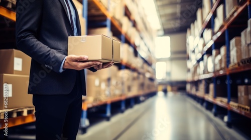 businessman holding box in warehouse