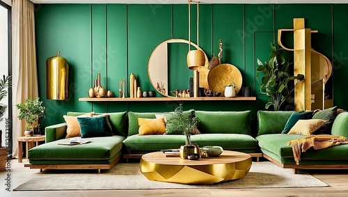 A modern apartment in the colors green and gold. AI generated