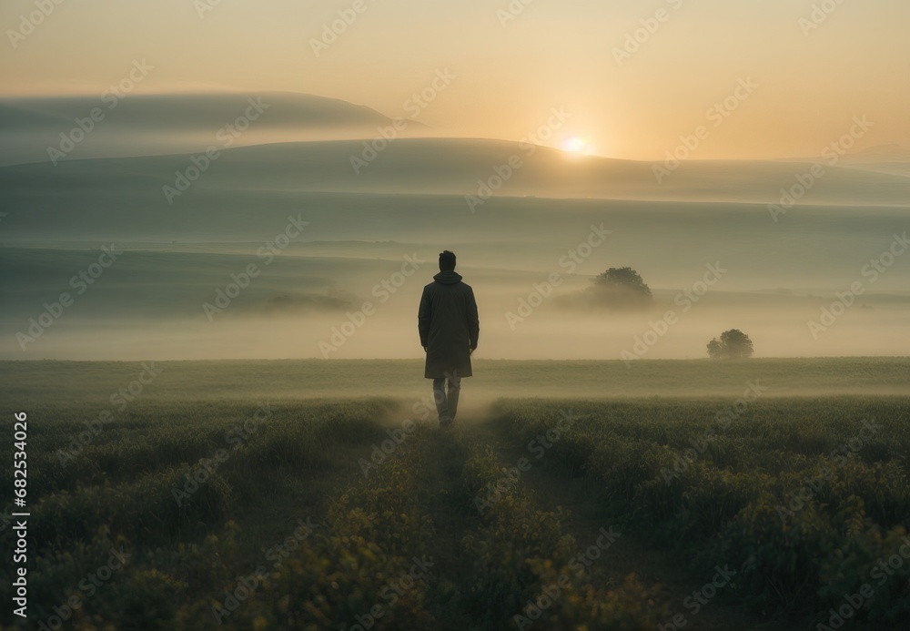 Silhouette of person walking in the morning Silhouette of person walking in the morning