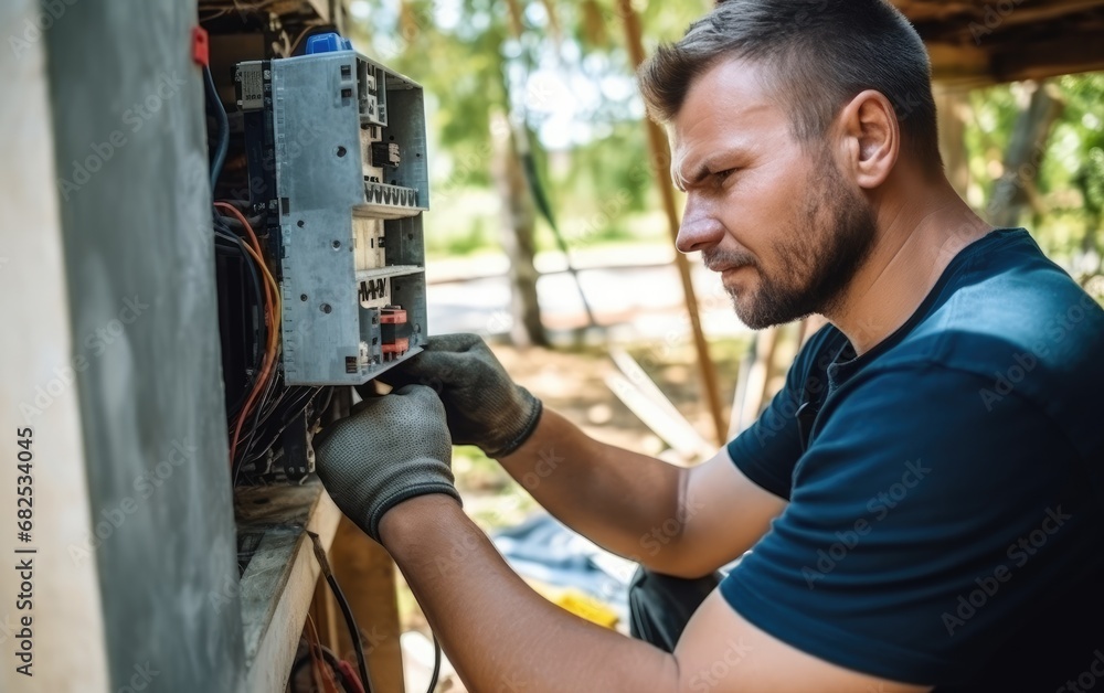 A handsome electrician repairs the wiring of a private house