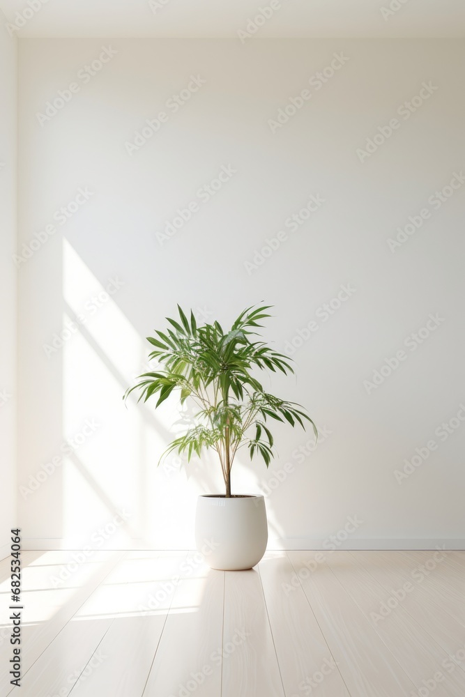 Fototapeta premium Clean white room with a tall simple plant in one corner for depth AI generated illustration