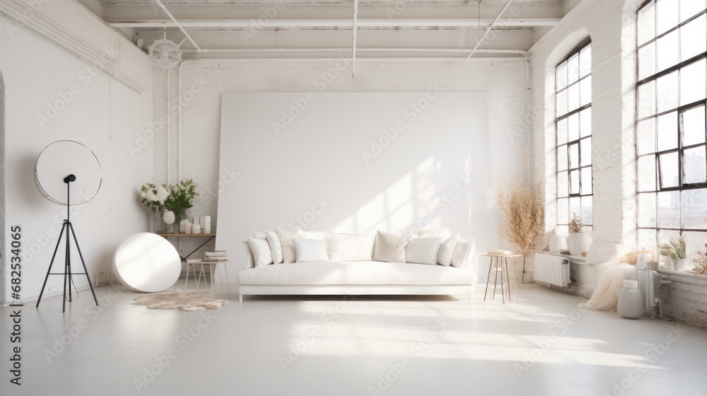Clean white photography studio with natural light AI generated illustration Clean white photography studio with natural light AI generated illustration