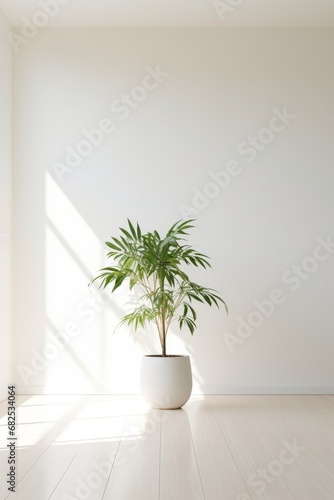 Clean white room with a tall simple plant in one corner for depth AI generated illustration