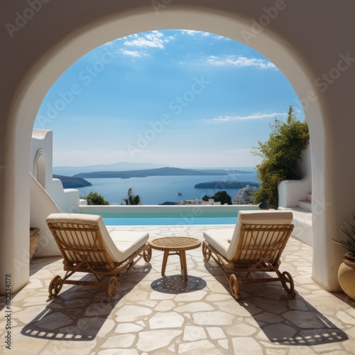 Beautiful view of the sea from the terrace of luxury mediterranean style villa. Seashore. Two Beach Chairs on Seashore. Deckchair. Vacation Concept with Copy Space. Mediterranean. © John Martin