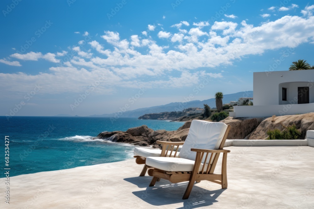 Luxury white villa on the coast. Seashore. Two Beach Chairs on Seashore. Deckchair. Vacation Concept with Copy Space. Mediterranean.