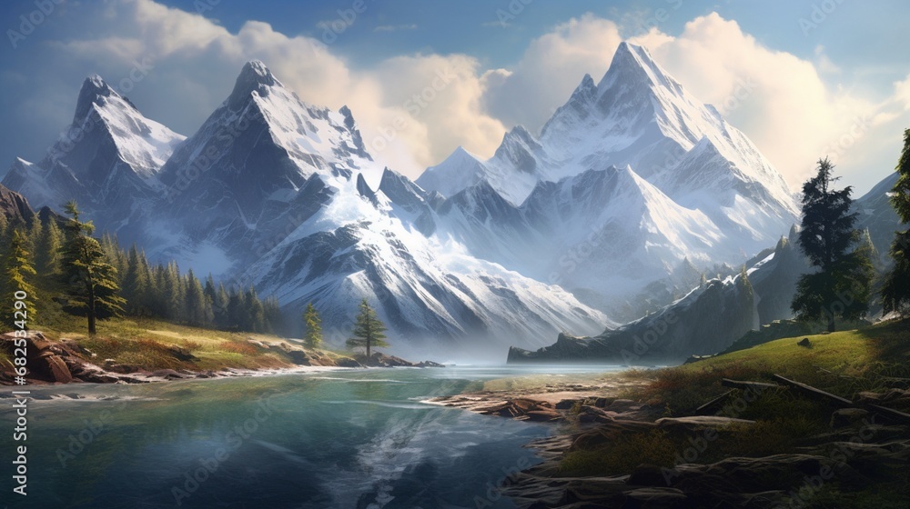 A stunning alpine landscape with towering snow-covered peaks.