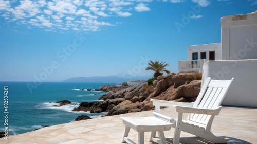 Beautiful view of the sea from the terrace of luxury mediterranean style villa. Seashore. Two Beach Chairs on Seashore. Deckchair. Vacation Concept with Copy Space. Mediterranean.