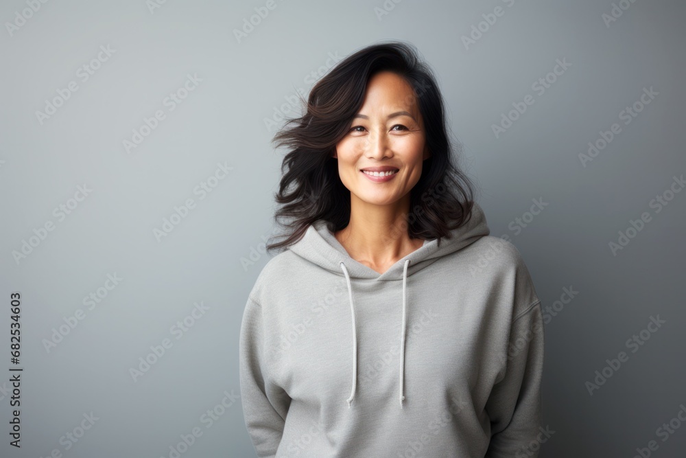 portrait of a beautiful asian middle age woman in hoodie sweatshirt isolated on light grey background portrait of a beautiful asian middle age woman in hoodie sweatshirt isolated on light grey background