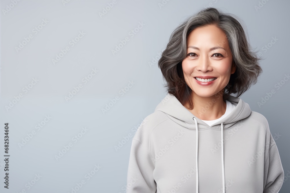 portrait of a beautiful asian middle age smiling woman in hoodie isolated on light grey background portrait of a beautiful asian middle age smiling woman in hoodie isolated on light grey background
