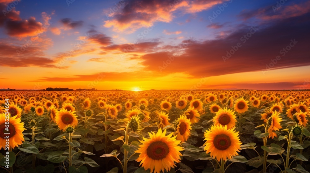 A sunflower field at sunset, with the golden blooms bathed in the warm, golden light.