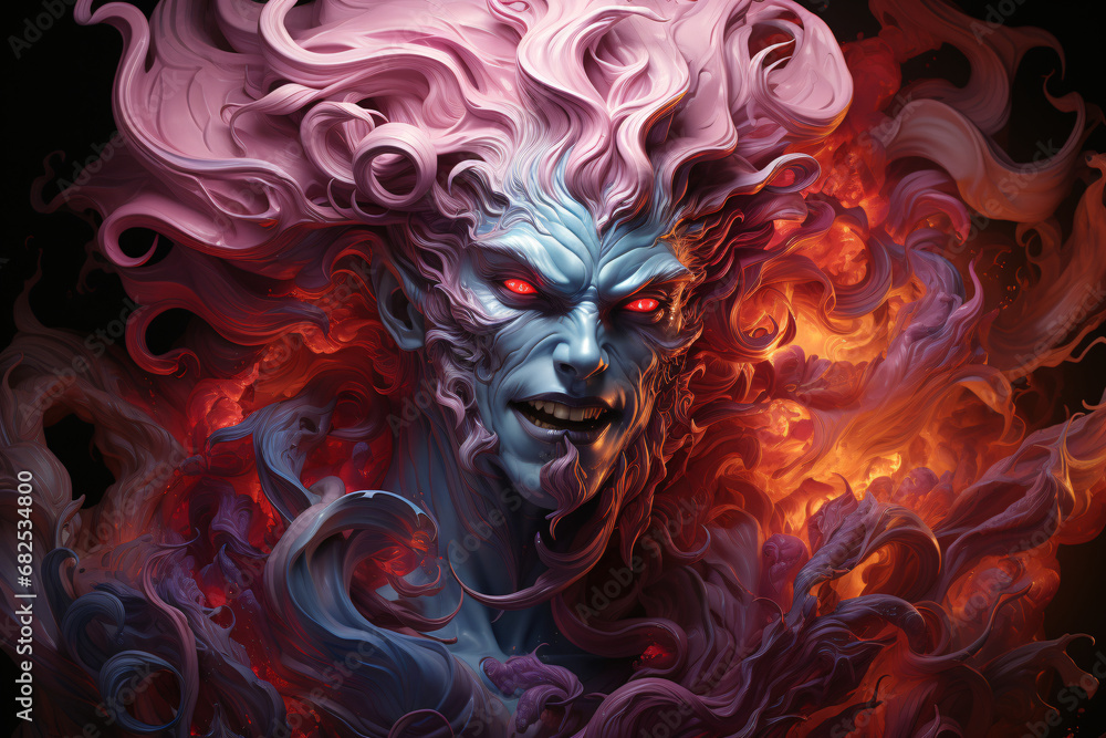 Beelzebub, the devil in close-up. colorful illustration in red and purple tones. an evil demon with fangs. burning eyes, a negative character.