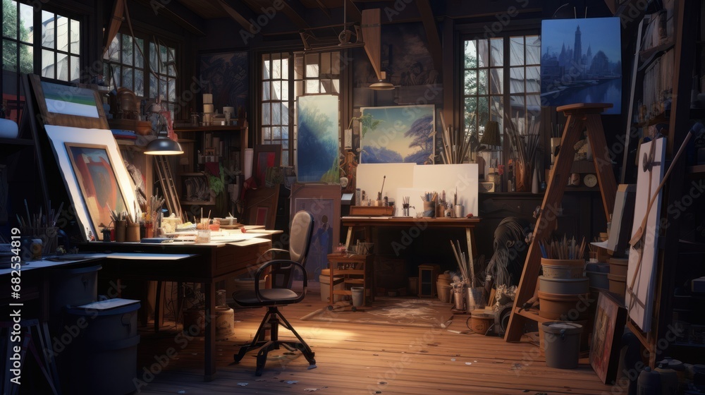 Fototapeta premium Decluttered artist's studio with intense lighting AI generated