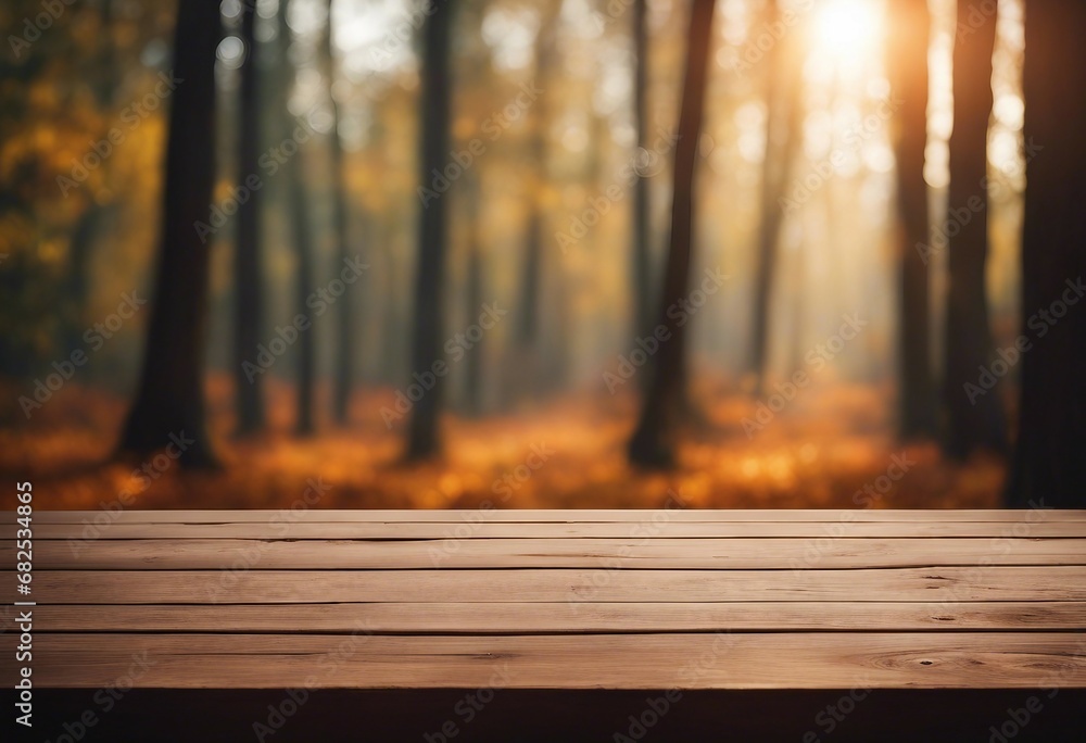 Beautiful sunlight in the autumn forest with wood table top nature background bokeh background Beautiful sunlight in the autumn forest with wood table top nature background bokeh background
