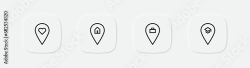Geo location heart, home, job, study icons. Map pin love, work, university sign. Favourite place symbol. Vector isolated sign.