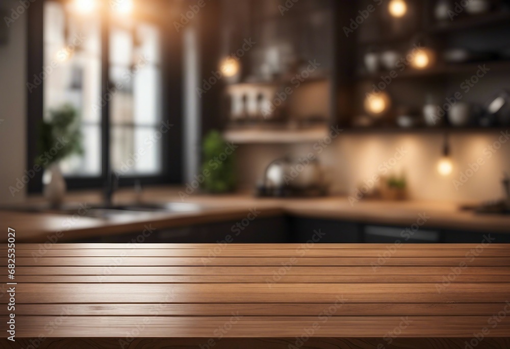 Empty wooden table top with lights bokeh on blur kitchen background High quality photo Empty wooden table top with lights bokeh on blur kitchen background High quality photo