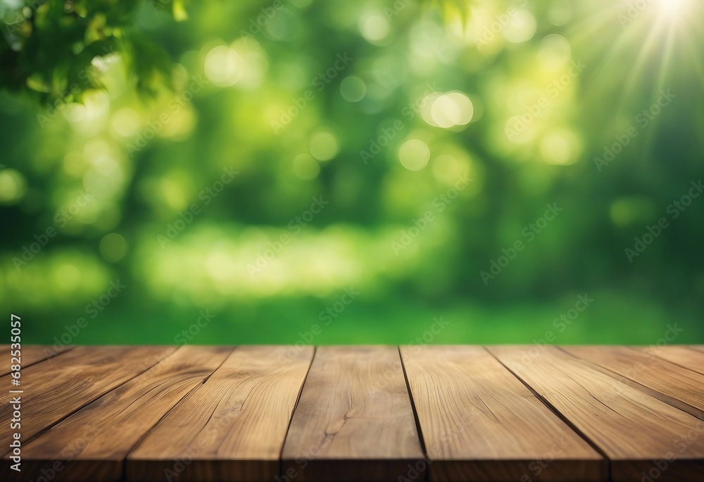 Wood table top on blur green nature bokeh background Can be used for display or montage your products Wood table top on blur green nature bokeh background Can be used for display or montage your products