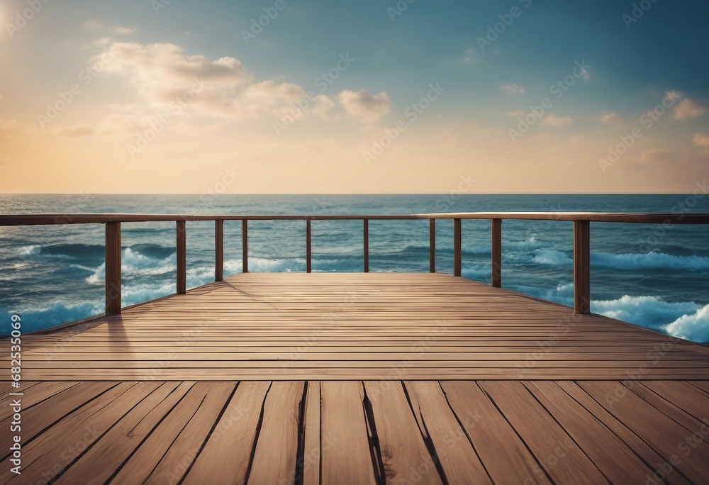 Wooden deck and ocean seascape background High quality photo