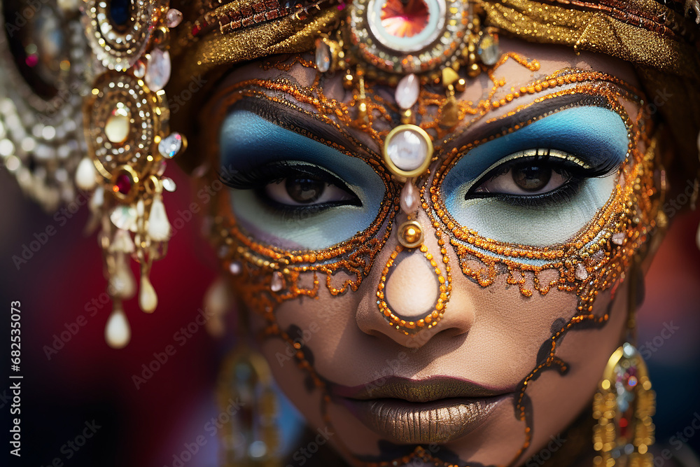 Close-up shot of a carnival performer wearing an intricate and ornate costume
