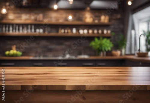 Empty wooden table in front of blurred kitchen background product display montage