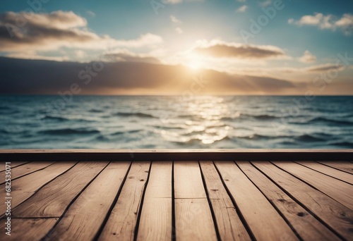 Wooden deck and ocean seascape background High quality photo