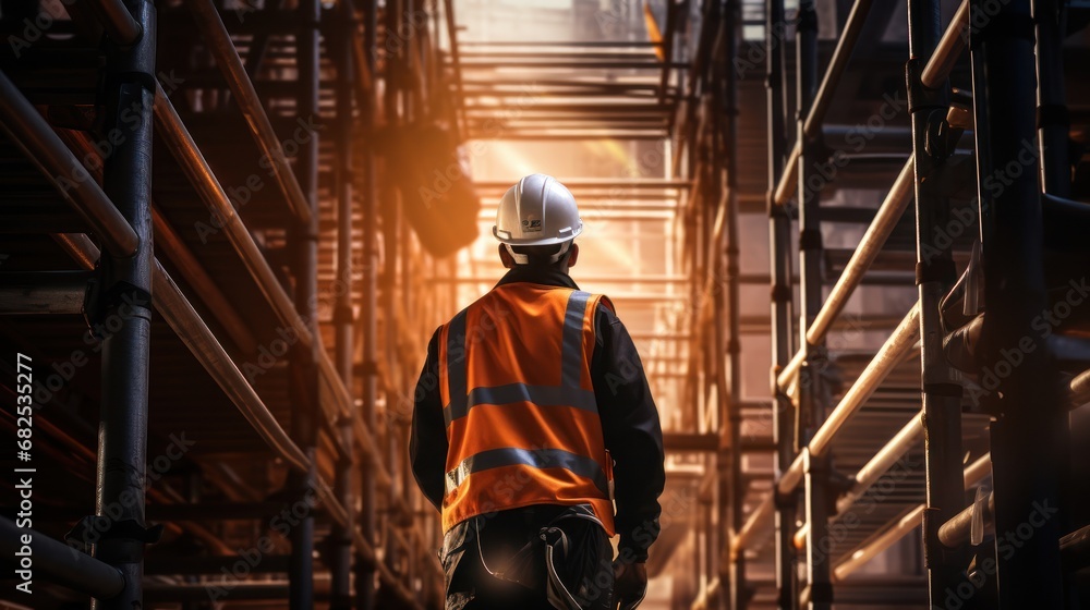Fototapeta premium Clad in a safety helmet and reflective vest, the engineer confidently stands in the warehouse.