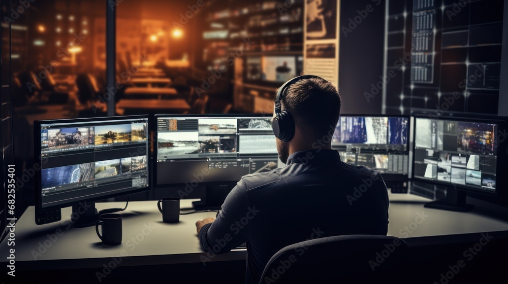 Seated at their desk, a security worker immersed in their duties wears headphones, attentively observing the surveillance footage on the monitor. Seated at their desk, a security worker immersed in their duties wears headphones, attentively observing the surveillance footage on the monitor.