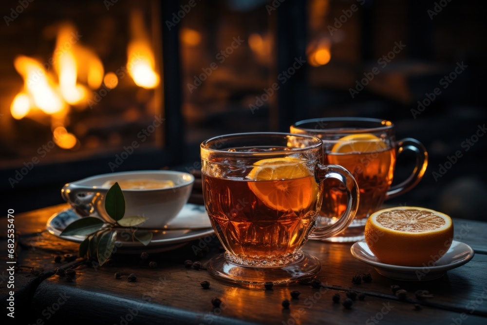 two cups of tea with lemon against the backdrop of a burning fireplace. The concept of home coziness and comfort. two cups of tea with lemon against the backdrop of a burning fireplace. The concept of home coziness and comfort.