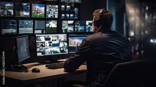Diligently stationed at their post, a security professional in headphones closely monitors the security camera feed on the screen.