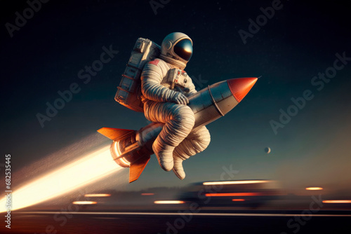 Astronaut riding a rocket at night. AI generative © Formatoriginal