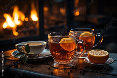 two cups of tea with lemon against the backdrop of a burning fireplace. The concept of home coziness and comfort.