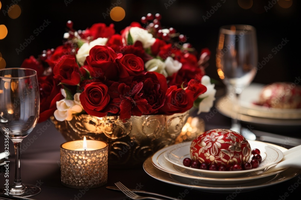 Celebration Table Setting Element With Vases With Red And White Flowers .Christmas And Valentine's Day Concept