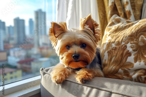 Yorkshire terrier sits on a cozy blanket on the windowsill with the city in the background. © Nataliia