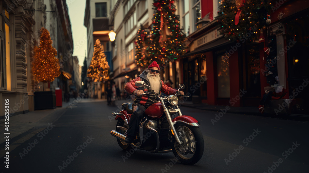 Santa Claus with white beard and red suit on motorcycle on decorated christmas tree and street lights. The concept of express delivery of gifts at Christmas