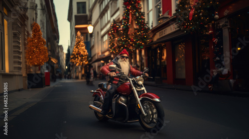 Santa Claus with white beard and red suit on motorcycle on decorated christmas tree and street lights. The concept of express delivery of gifts at Christmas
