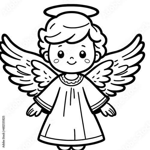 Angel with wings outstretched, religious theme, coloring book page, coloring book, outline, SVG vector art, isolated on a white background