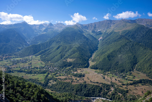 Villages and settlements at the foot of the Ushba mountain. Wild rivers and wooden bridges that break off from the Chaladi Glacier. Famous Svan towers in the village.