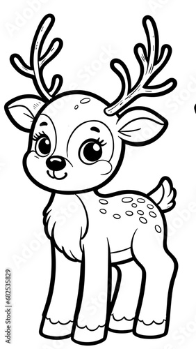 Small reindeer with antlers, Chistmas winter themed, woodland creature coloring book page, coloring book, outline, SVG vector art, isolated on a white background