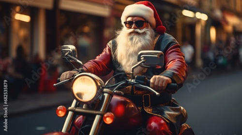 Courier service concept. Modern santa in sunglasses on motorcycle