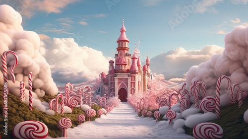 Fabulous pink castle with candy track, flowers and cotton clouds