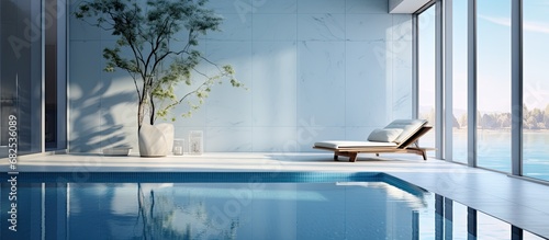 The modern house features a stunning interior design with marble walls and a concrete floor, creating a luxurious and relaxing spa-like atmosphere. The blue water of the pool adds a touch of serenity