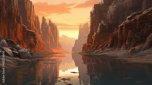 A tranquil river flowing through a canyon, reflecting gradient rock walls.