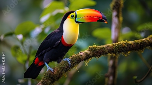 In the lush rainforests of Central America, a majestic toucan with a vibrant plumage perched on a sturdy branch, its beak blending seamlessly with the exotic flora as it surveyed the wild landscape © AkuAku