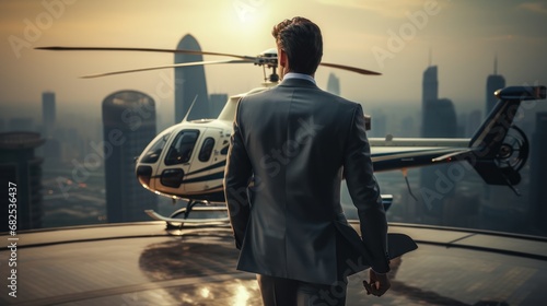In the attire of affluence, a man steps into his private helicopter on the rooftop of a towering skyscraper, symbolizing the archetype of a triumphant businessperson. photo