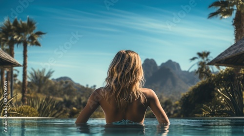 In the swimming pool  a woman is seen against the backdrop of mountains